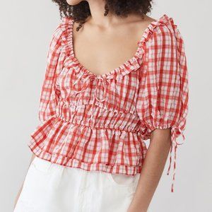En Saison Plaid Blouse with Exaggerated Sleeves  | Red (Size M)